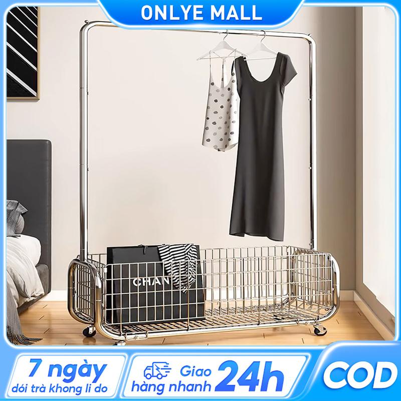 ON Móc treo quần áo đặt sàn phòng ngủ Internet nổi tiếng nhẹ nhàng sang trọng giá treo quần áo di động tại nhà Móc treo quần áo có giỏ đựng đồ kiểu dáng mới khung kim loại chắc chắn có bánh xe xoay 360 độ Inox Kệ