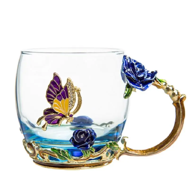 1 Set Butterfly & Rose Decor Glass Cup with Handle, Vintage Drinking Glass with Lid & Spoon, Creative Tea Cup for Office Home Daily Use, Gifts for Friends 3