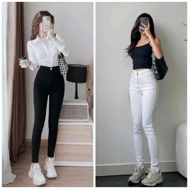 AKJ D32 Quần Jean Nữ  Skinny Đen Trắng Ống Ôm Women Pants