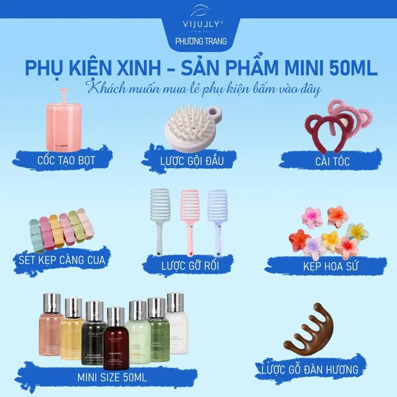 Dụng Cụ, Phụ Kiện Xinh Chăm Sóc Và Làm Đẹp Cho Tóc Giá Tốt bao gồm kẹp tóc hình bông hoa, lược gỡ rối cho tóc, lược gỗ, kẹp càng cua, cốc tạo bọt, bờm tóc và lược gội đầu.