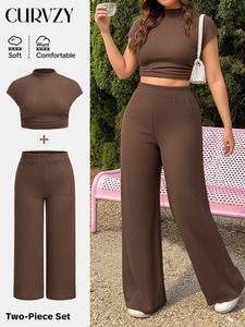 【Plus Size】Two-Piece Set CURVZY Solid Crop Top & Wide Leg Pants Set, Casual Fashion Cozy Two-piece for Daily Outdoor Wear, Women Clothing for Summer