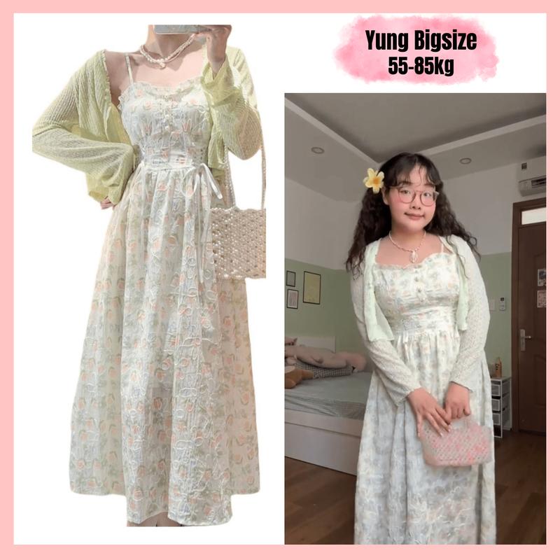 Set bộ đầm nữ Bigsize đầm hoa xanh hai dây dáng dài kèm áo cadigan 55-90kg Women Dress