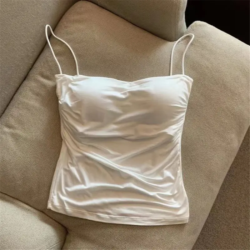 Áo Vest Hai Dây Xếp Ly Màu Đỏ Rượu Vang Gợi Cảm, Cô Gái Nóng Bỏng, Dành Cho Nữ, Áo Không Tay Mùa Hè, Có Dây Đeo Vai Mỏng, DDUN Top Women Kem 7
