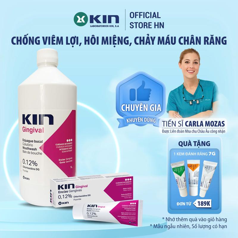 Combo Kin Gingival nước súc miệng 1000ml và kem đánh răng 75ml cho viêm lợi, hôi miệng, loét miệng