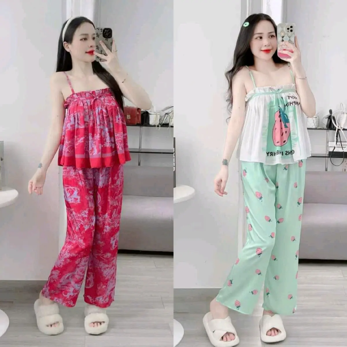 Set bộ đồ ngủ quần dài,áo hai dây xếp ly,dây áo có tăng chỉnh,lụa latin tơ tằm in họa tiết 3D mềm mại, mịn mát,bảng màu tôn da dễ thương dành cho nàng. Thời Trang Tuyết Nhi.  Quần Ngủ Women Nữ Thun Nhung lưng  mặc