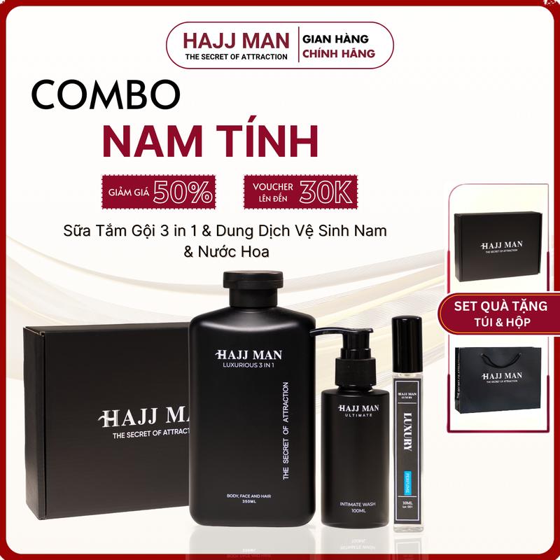   Quà tặng Noel  Combo Nam tính HAJJ MAN - Sữa tắm gội 3 in 1 350ml & Gel vệ sinh nam 100ml & Nước hoa chiết 10ml; Tặng sét Hộp và Túi sách 