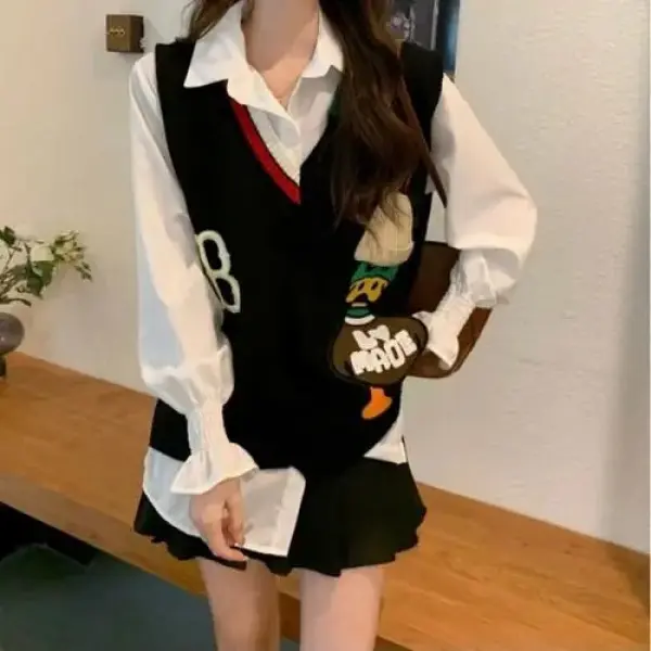Áo Ba Lỗ Dệt Kim, Thiết Kế Hoạt Hình, Dành Cho Nữ, Trang Phục Mùa Xuân Và Mùa Thu, Phong Cách Hàn Quốc, Dáng Rộng Vừa Vặn, Áo Len Cổ Chữ V, Bất Đối Xứng, Thời Trang, Áo Cánh Nhẹ, Quần Áo Nữ, Áo Nữ Women Top Voi 6