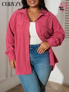 CURVZY Plus Size Autumn Aesthetic Solid Button Front Drop Shoulder Coat, Casual Flap Detail Long Sleeve Collared Outerwear for Fall & Winter, Women's Clothes for Daily Wear