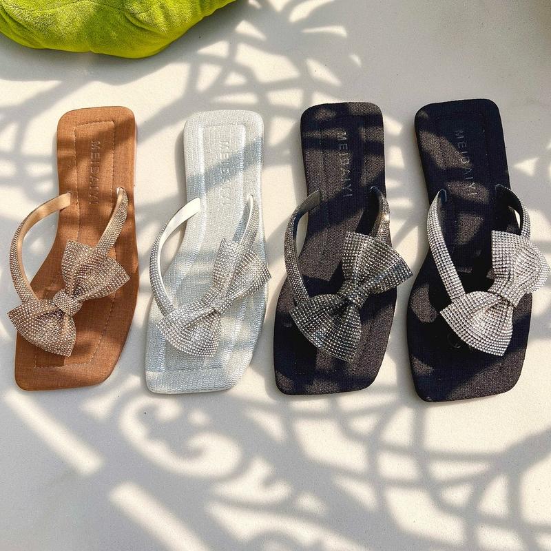 Dép Kẹp Tông Nữ Mũi Vuông, Dây Và Nơ Đá Sáng, Xinh Xắn Dễ Thương , Đế Chống Trơn Trượt DéP Shoes