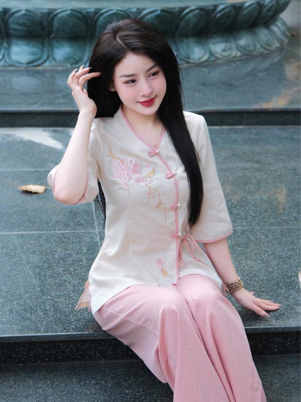 Tinh Nhi đồ lam đi lễ cúc chéo thêu hoa tiểu thư thanh lịch PP220 Nhung Áo Nữ Top Women 3