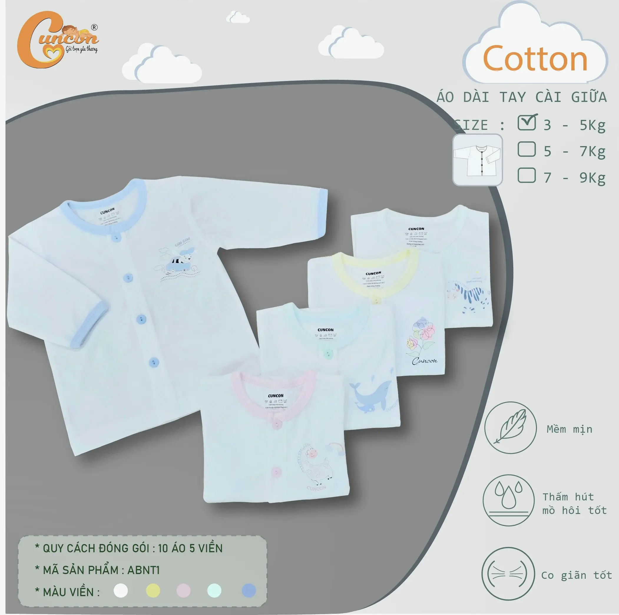 Áo sơ sinh cài giữa tay dài CUNCON (Nhiều họa tiết)