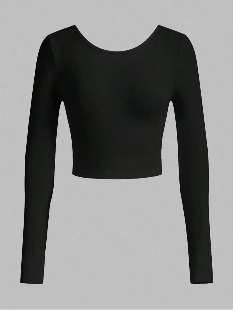 Product Introduction of Women's Solid Backless Scoop Neck Crop Top, Casual Fashion Cozy Long Sleeve T-shirt for Daily Outdoor Wear, Ladies Clothes for All Seasons, Clothing 4