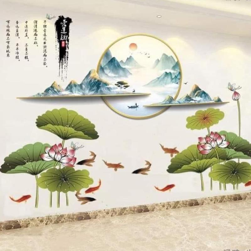  decan combo phong thủy sen+mây núi sẵn keo Decor Decal 