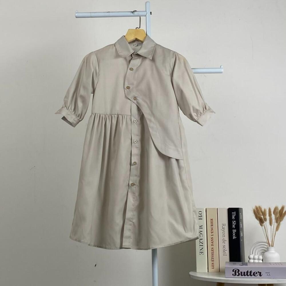 PO30 CHICMORE Gaun kemeja lengan tiga perempat dengan warna polos dan rok midi