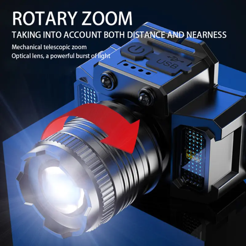Senter Kepala LED Headlamp Zoom P50 5000 Lumens Sensor Gerak Anti Air 6