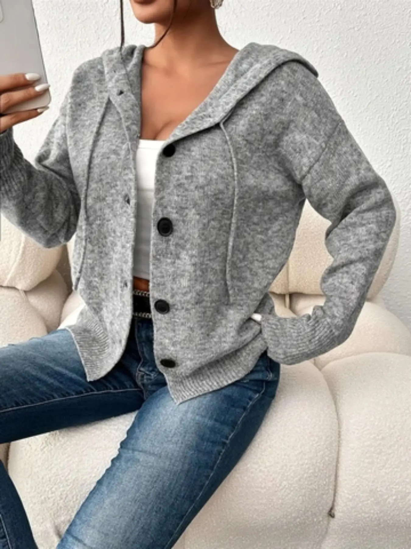 Women's Plain Button Front Drawstring Hooded Sweater Cardigan, Casual Drop Shoulder Long Sleeve Cardigan, Women Knitwear for Fall & Winter