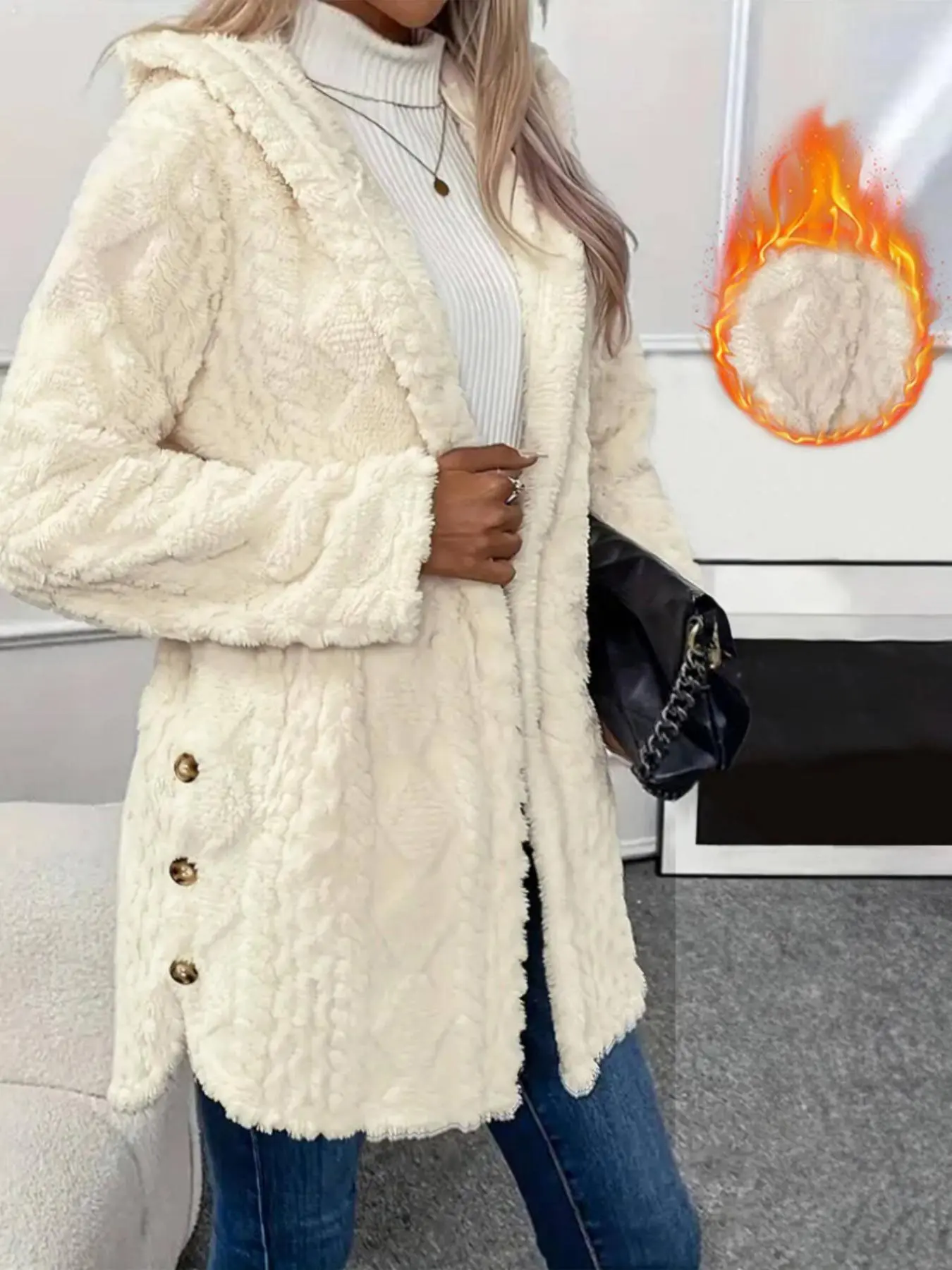 Argyle Textured Button Down Side Slit Long Sleeve Fleece Teddy Coat Hooded Jacket Warm Outwear Womenswear Tops Outerwear Comfort Fitted Basic Casual Minimalist Winter