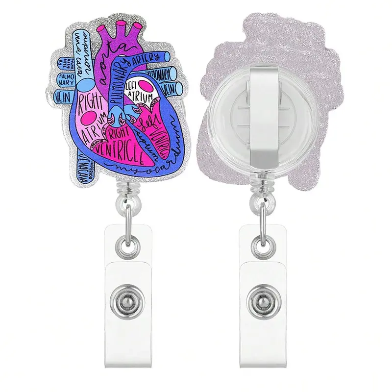 Heart Pattern Badge Holder, 1 Count Retractable Badge Reel with ID Clip, Identification Badges & Supplies for Nurse Doctor Student Worker 6
