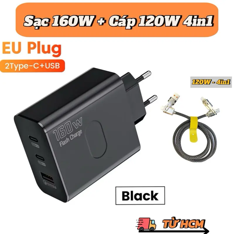 Củ Sạc Nhanh 160W 3 Cổng 2 Type-C 1 USB, Và Cáp Sạc Nhanh 120w 4 trong 1 - Sạc Siêu Nhanh Cho Điện Thoại Phone - Phụ Kiện 1