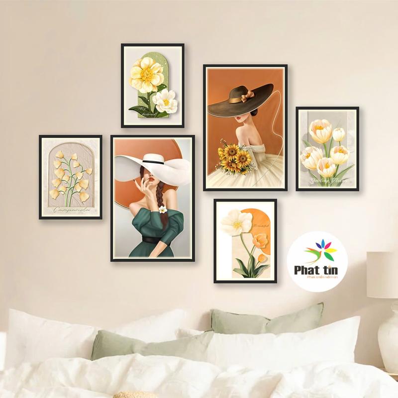Tranh decor, Set 6 tranh dán phòng khách, phòng ngủ, tranh formex cô gái, tranh 3D váy cam, váy xanh, tranh treo tường decor Phát Tín, trang trí nhà cửa