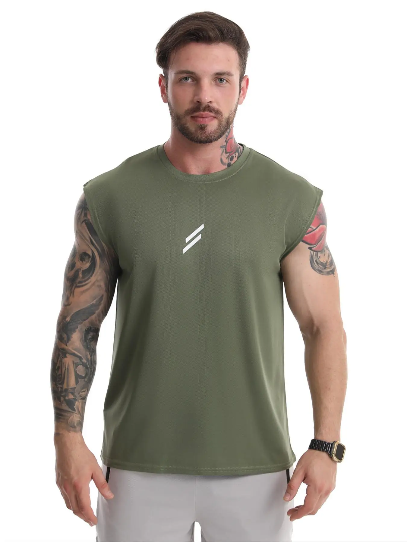 Men's Solid Geometric Print Round Neck Sports Tank Top, Regular Fit Sporty Quick Drying  Comfortable  Breathable Sleeveless Top, Men's Sportswear Clothing for Gym Running