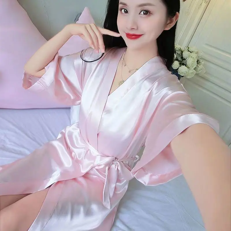 Đồ Ngủ Nữ, Áo Choàng Mùa Hè, Chất Liệu Lụa Thật Mỏng Bằng Lụa Lạnh Màu Trắng, Váy Ngủ Mùa Xuân Và Mùa Hè Gợi Cảm, Áo Choàng Tắm Dài Trung Bình Màu Trắng, Cho Nữ
