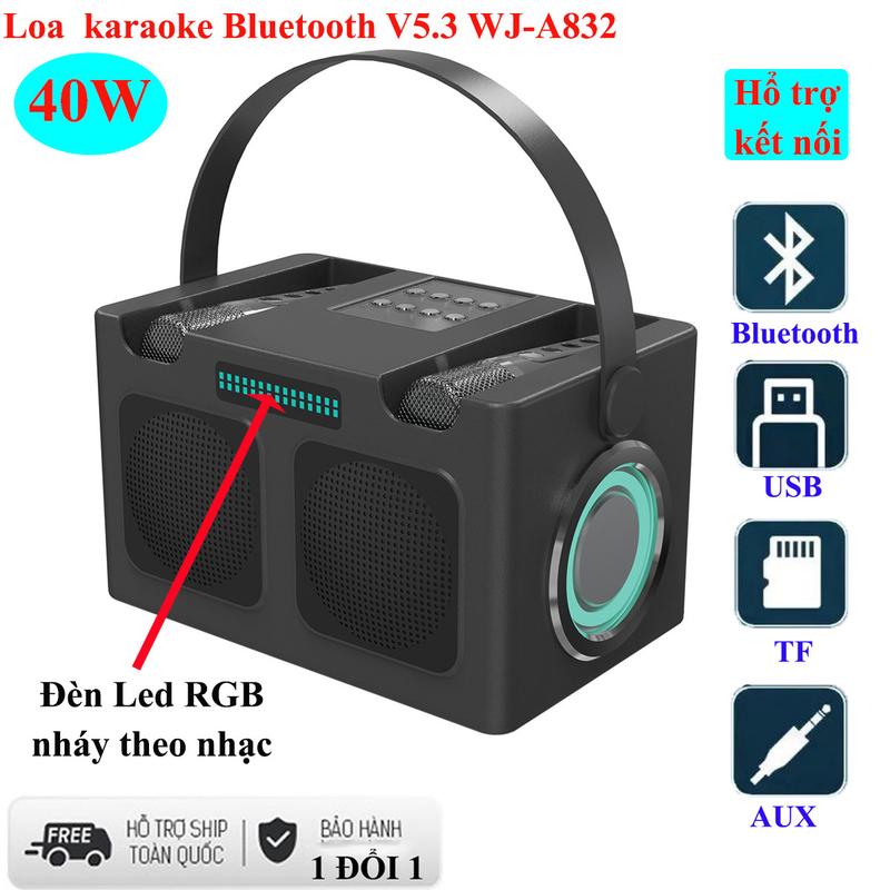 Loa karaoke xách tay WJ-A832 bass mạnh tặng kèm 2 micro jack 3.5 nghe lớn hát hay - Kem