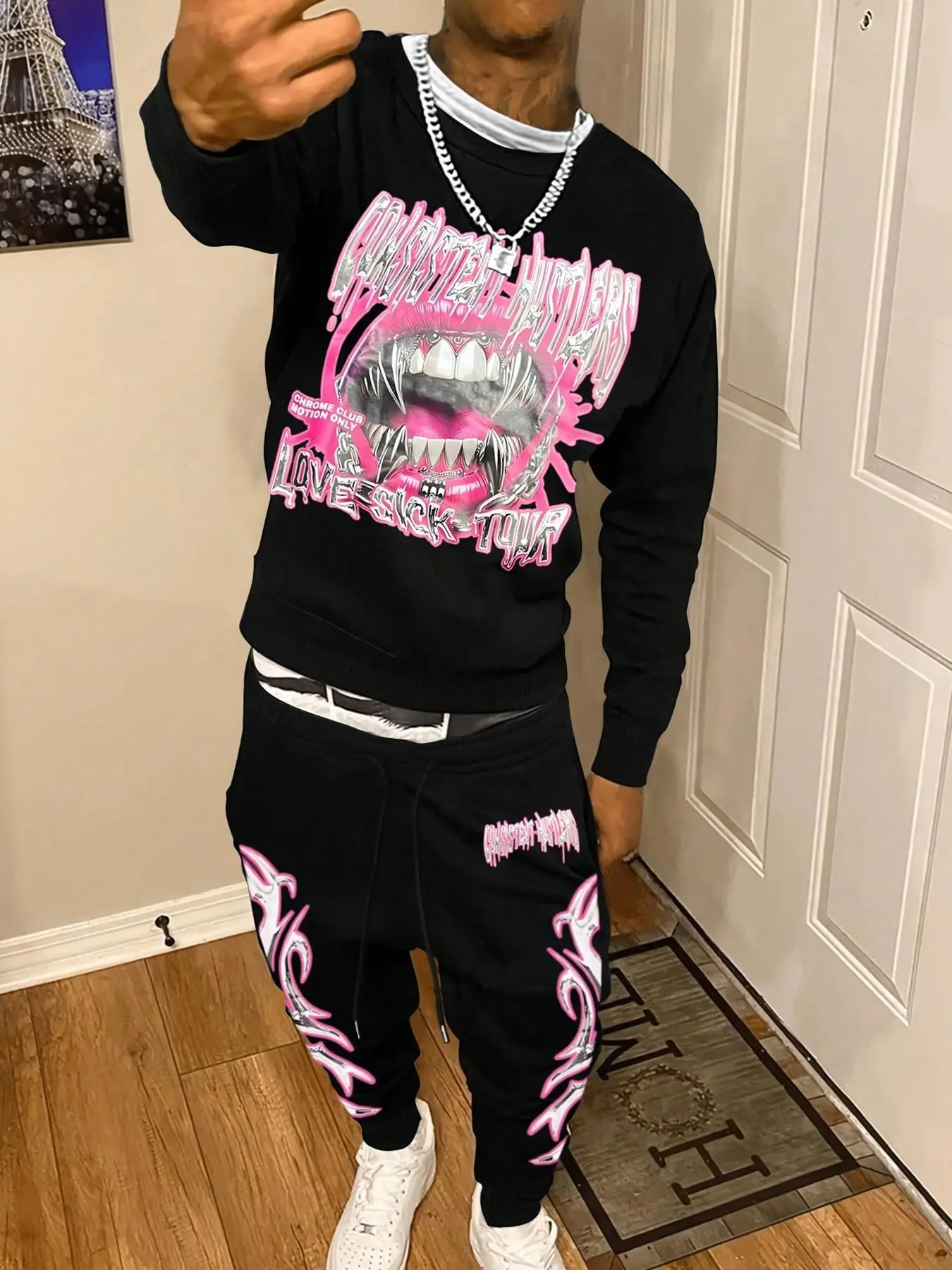 Men's Letter Lip Print Sweatshirt & Drawstring Waist Pants Set, Regular Fit Casual Round Neck Long Sleeve Pullover & Pocket Trousers, Men's Fall & Winter Clothes
