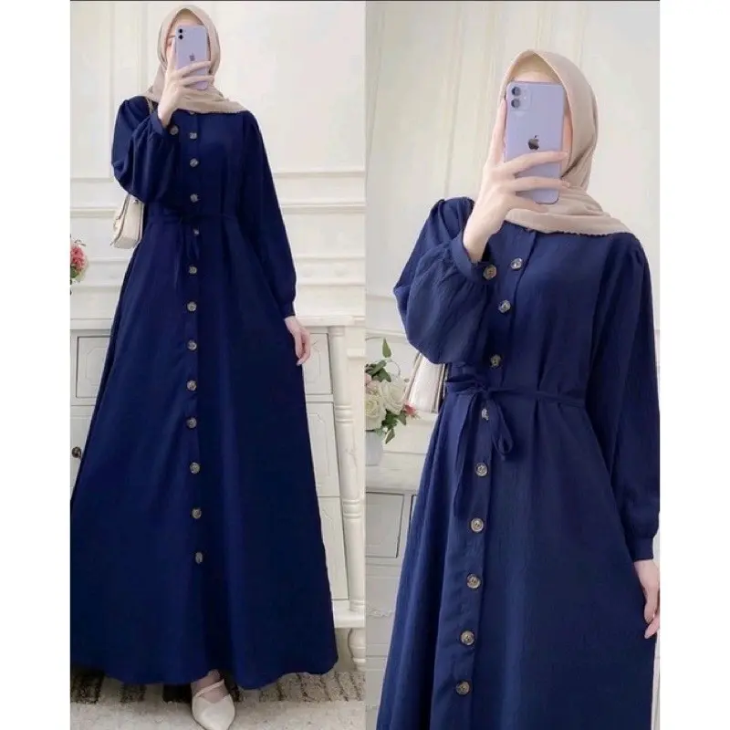 Gamis dres full kancing/ polos terbaru 2025/gamis Dewasa  Mewah Maxi Lebar Airflow Pesta Lebaran Crinkle Kondangan Biru Coklat Muslim Wanita Gamis Remaja Syari Panjang gam is Midi 2