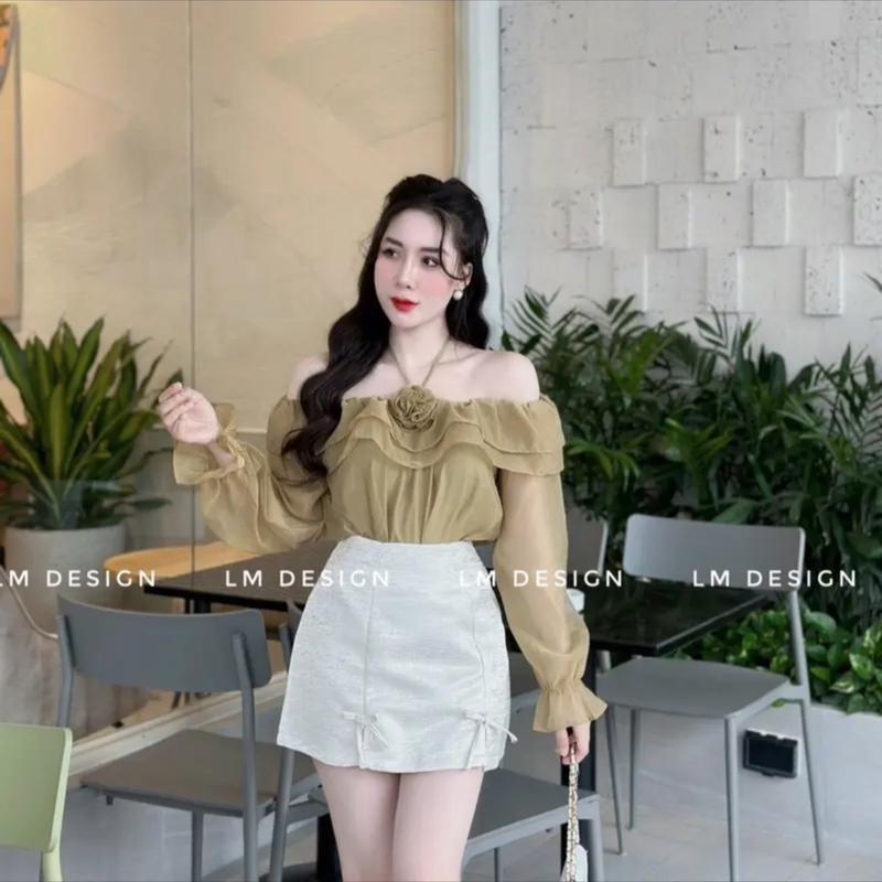 Áo sơ mi trễ vai,sơ mi voan tơ lụa óng mã 23491 Top Nữ