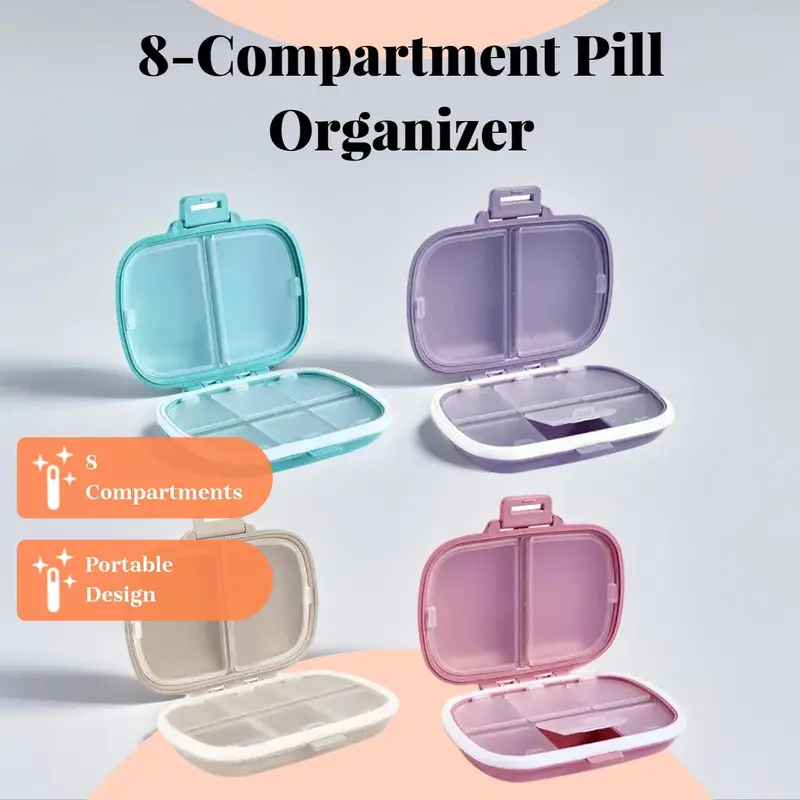 8-compartments Pill Organizer, 1 Count Mini Portable Pill Case, Dustproof Pocket Medicine Storage Box, Home Organizer for Daily Travel 1