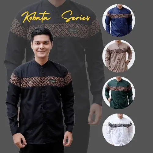 Baju Koko Pria Dewasa Lengan Panjang Motif Kobata Qynang Kombinasi Batik Terbaru kain katun 0
