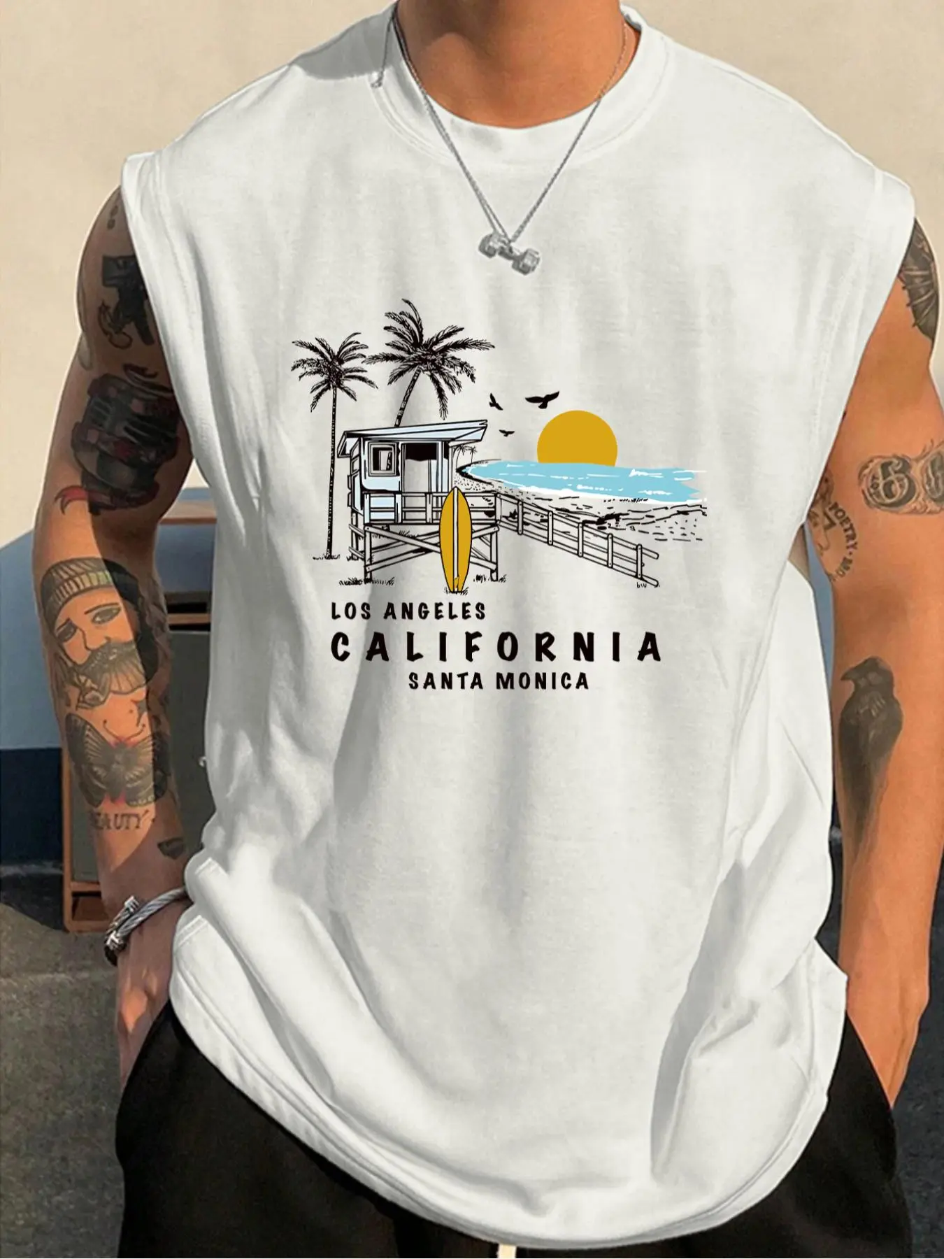 Men's Letter & Coconut Tree Print Tank Top, Regular Fit Casual Sleeveless Top for Summer, Men's Clothes for Daily Wear, Crewneck