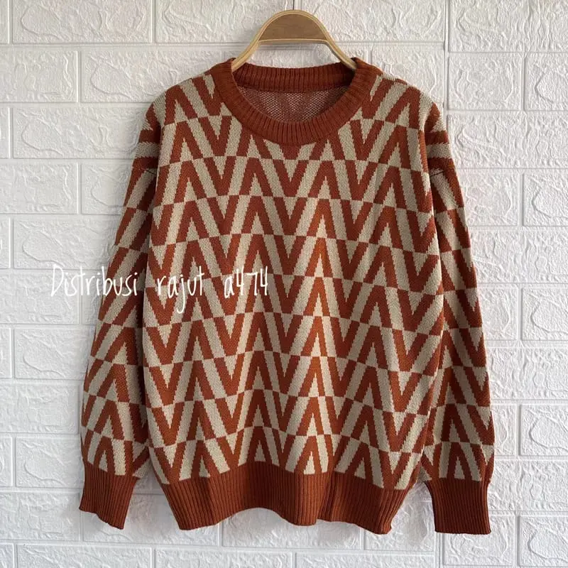 GIVANE SWEATER RAJUT KNIST IMPORT MOTIF V ATASAN WANITA Top Fit Panjang 1