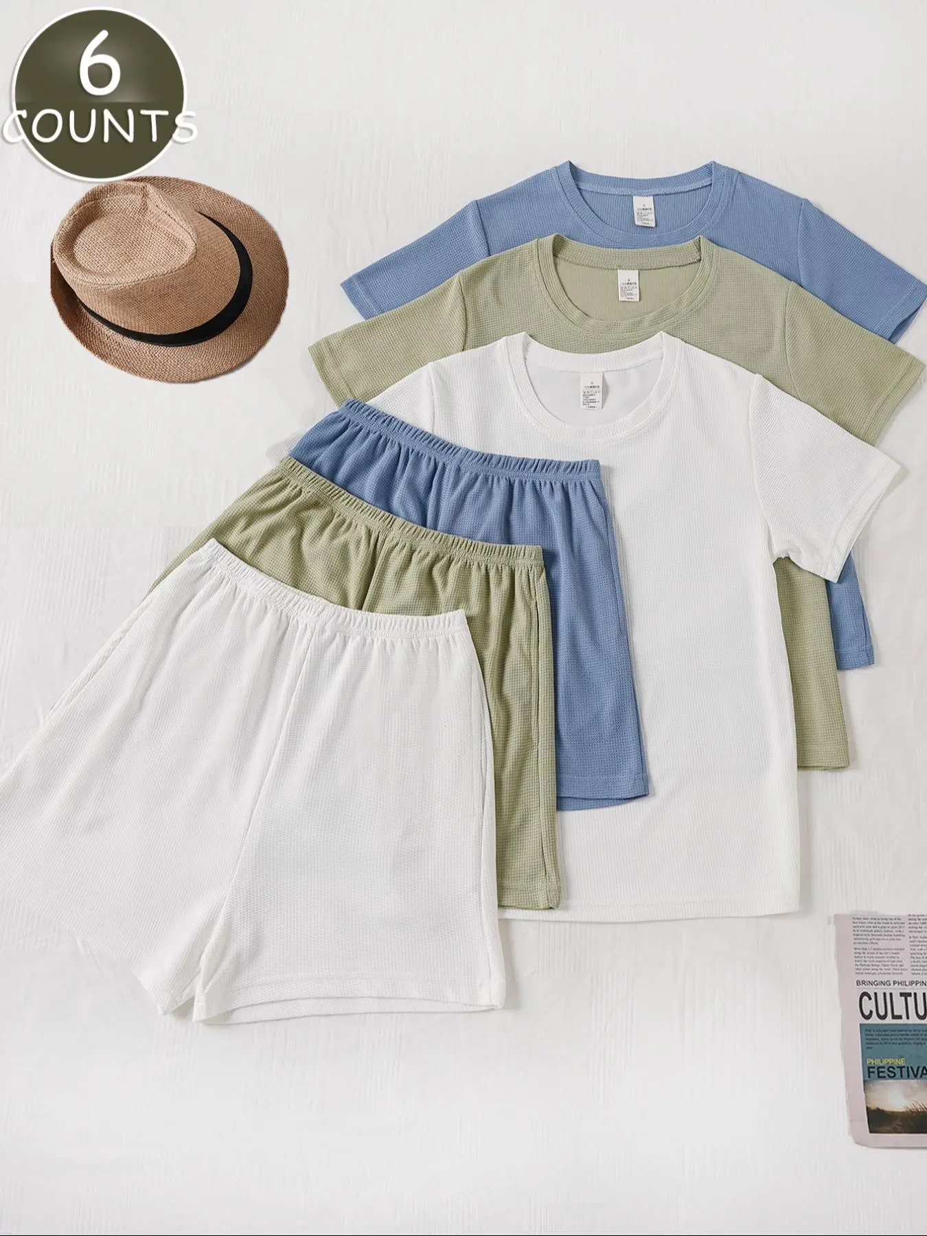 Women's Solid Waffle Knit Lounge Set, Casual Comfy Short Sleeve T-shirt & Shorts Matching Pj Set, Ladies Sleepwear for Summer, Perfect Matching