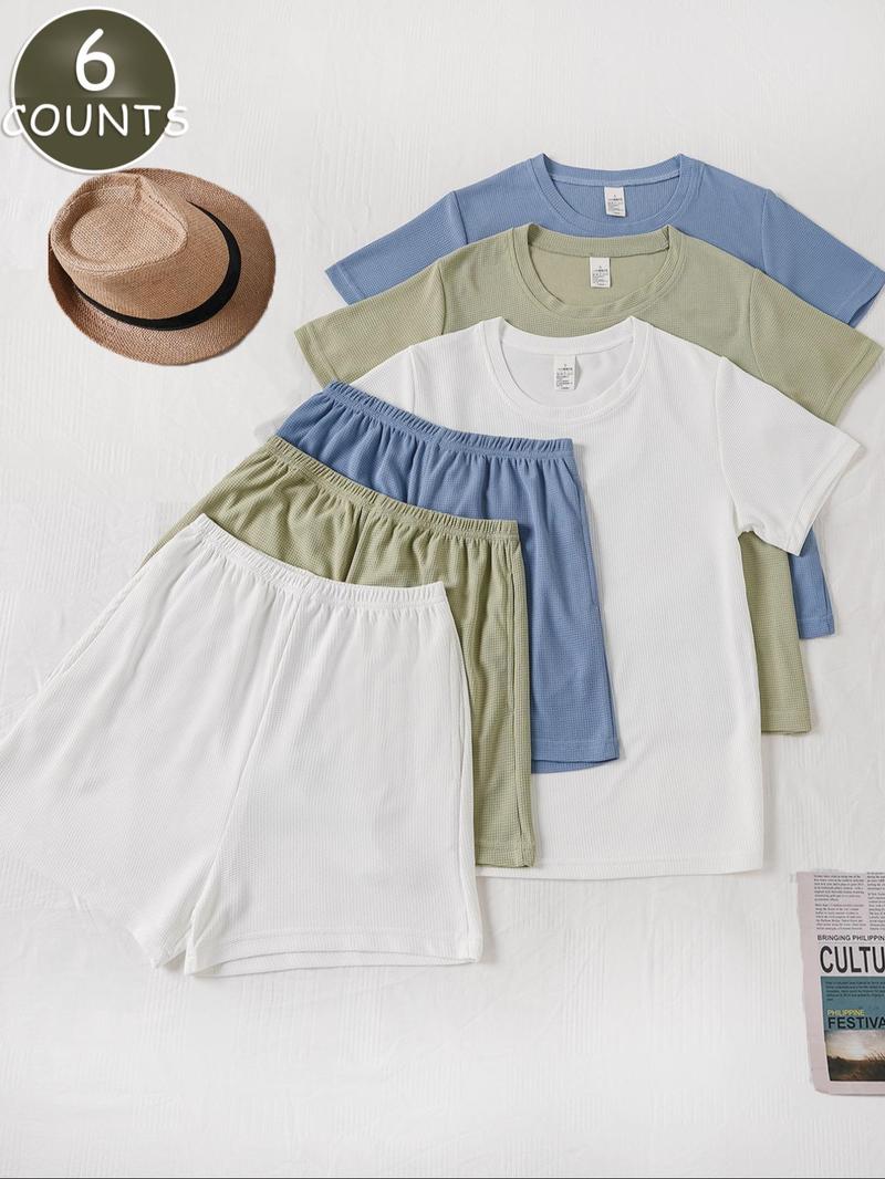 Product Introduction of Women's Solid Waffle Knit Lounge Set, Casual Comfy Short Sleeve T-shirt & Shorts Matching Pj Set, Ladies Sleepwear for Summer, Perfect Matching 1