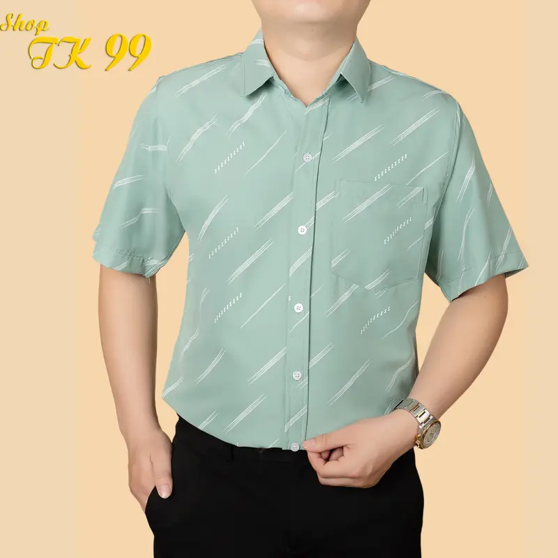 Áo sơ mi nam ngắn tay có túi lụa hàn chống nhăn Cổ Tròn Trung Niên 3
