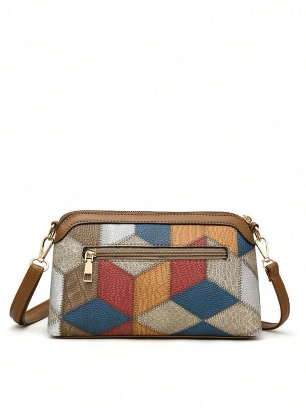 Geometric Argyle Pattern Zipper Purse Crossbody Bag, Vintage Colorblock Adjustable Bag, Versatile Fashion Women's Bag for Everyday Use 2