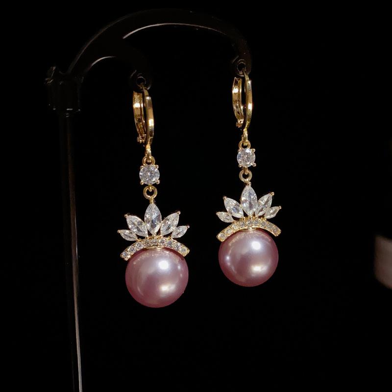 Khuyên Tai Nữ Ngọc Trai Tím Cao Cấp Dáng Dài Nữ Hoàng Điệu Đà Mạ Vàng 18K