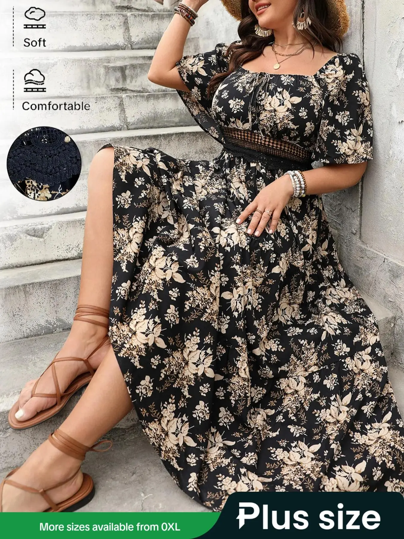 【Plus Size】 Floral Print Contrast Lace Shirred Tie Front A Line Dress, Boho Fashion Square Neck Half Sleeve Dress for Daily Holiday Vacation Wear, Women Plus Clothing for Summer, Casual Dresses