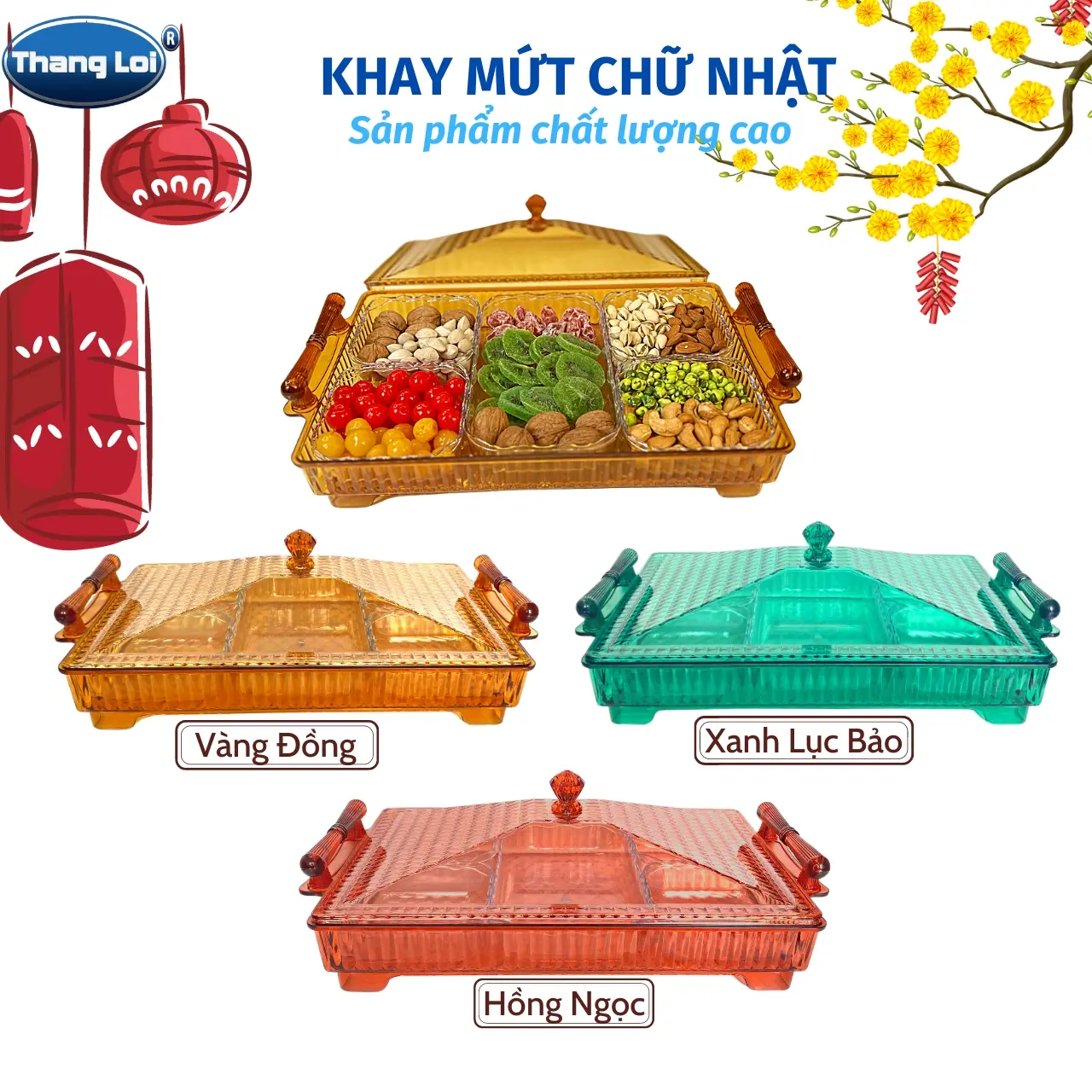Khay mứt, Hộp đựng bánh kẹo, Hộp mứt hình chữ nhật sang trọng siêu đẹp