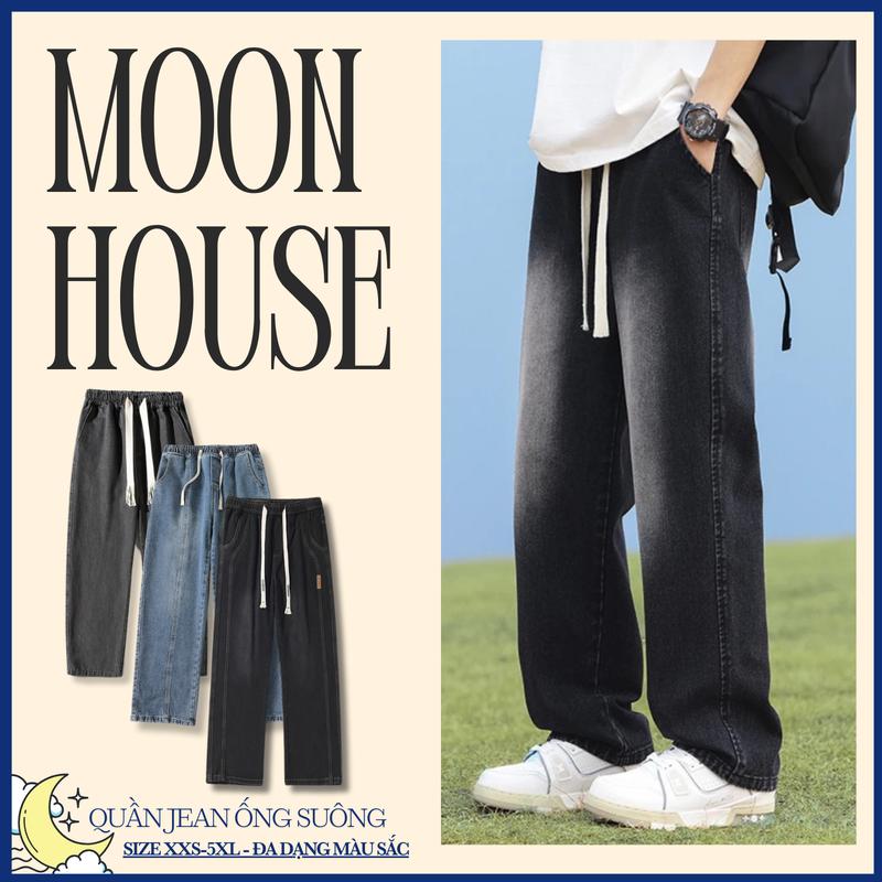 Quần jean ống suông lưng chun bản to cho nam nữ MOON HOUSE mã 09,N9,03 thoải mái,tiện lợi dành cho mọi dáng người Kem Menswear