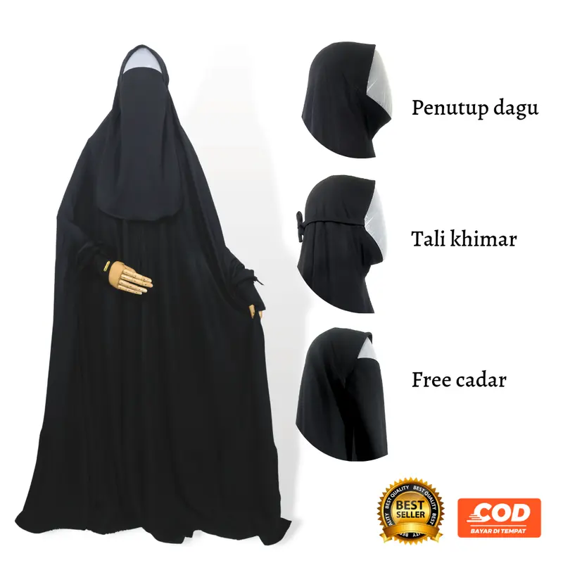 Khaira Long Khimar Jumbo busui overhead instan praktis by hasna moslem  Jilbab  Muslim  Wanita  Syari Non Pad Panjang Tangan Pita Zipper Kerudung Soft Hitam Karet 1