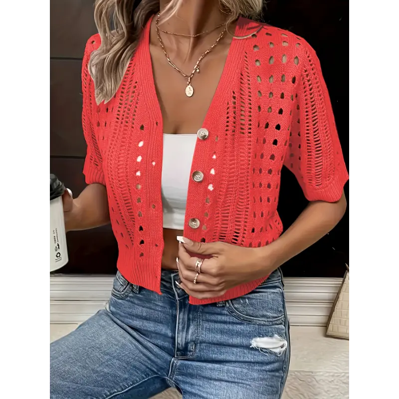 Versatile Comfort, Elegant V-Neck Knit Cardigan for Women - Breathable Viscose, Short Sleeve, Hollow-Out Design, Perfect for Spring/Summer/Fall