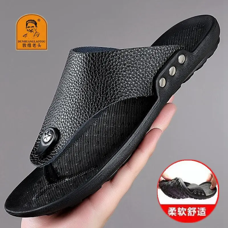 Dép Lê Nam Mùa Hè, Da Thật, Hợp Xu hướng, Không Trơn Trượt, Chất Liệu Da Bò, Phong Cách Hàn Quốc Thường Ngày Giày Xỏ Ngón, Dành Cho Nam Đế Bằng DéP