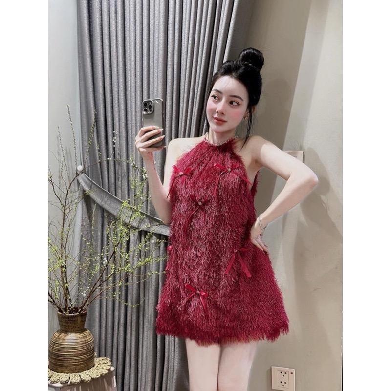 KÈM QUẦN Sét Váy Lông Vũ Kèm ảnh thật Cổ Yếm xoè Đính Nơ