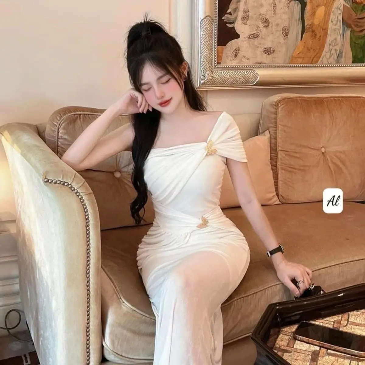 Đầm body lệch vai thun nhuyễn Quảng Châu Nữ Voi Dress Women Nhung Đỏ
