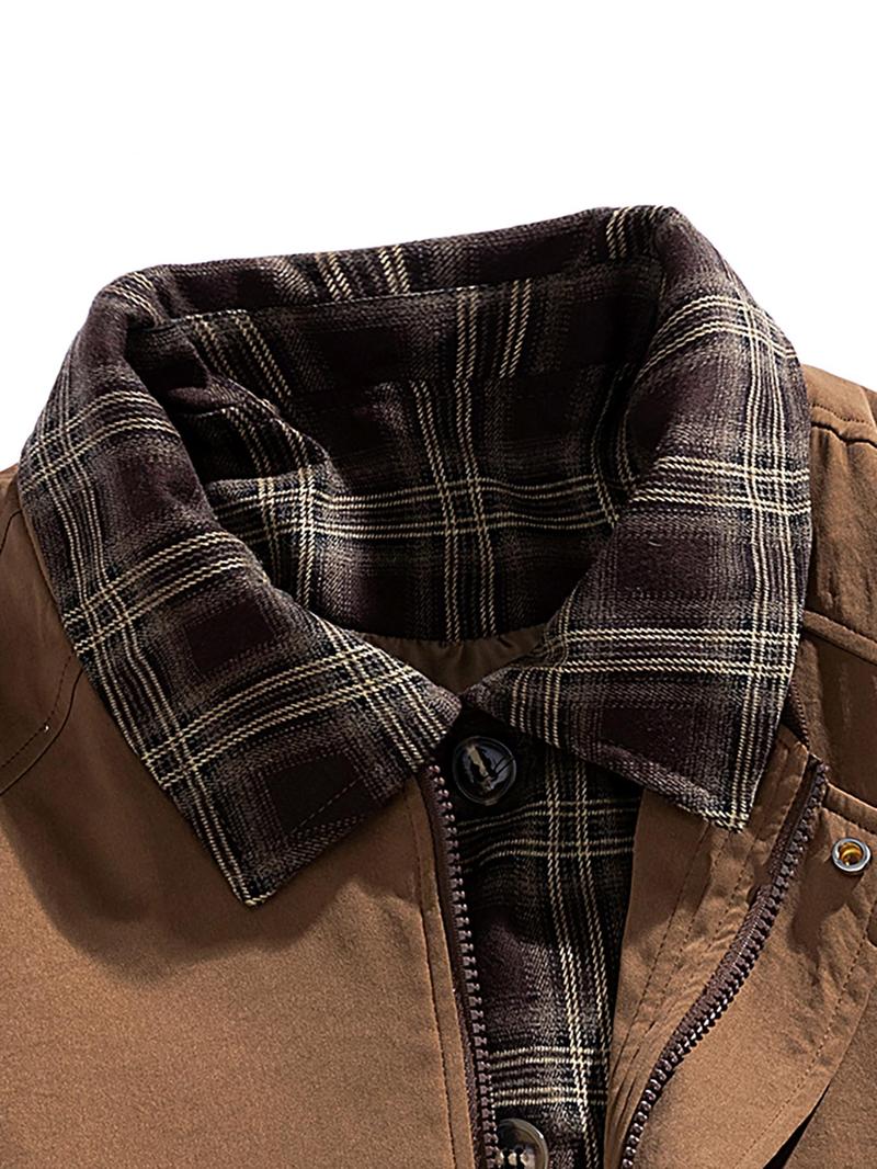 Product Introduction of Men's 2 in 1 Plaid Print Jacket, Loose Casual Comfy Long Sleeve Collared Outerwear for Spring & Fall, Fashion Men's Clothes for Daily Wear 3