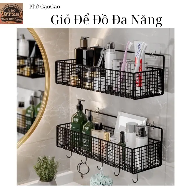 Kệ Đựng Đồ Nhà Tắm Dán Tường Đưng Đồ Nhà Bếp kim loai Có Kèm Miêng Dán