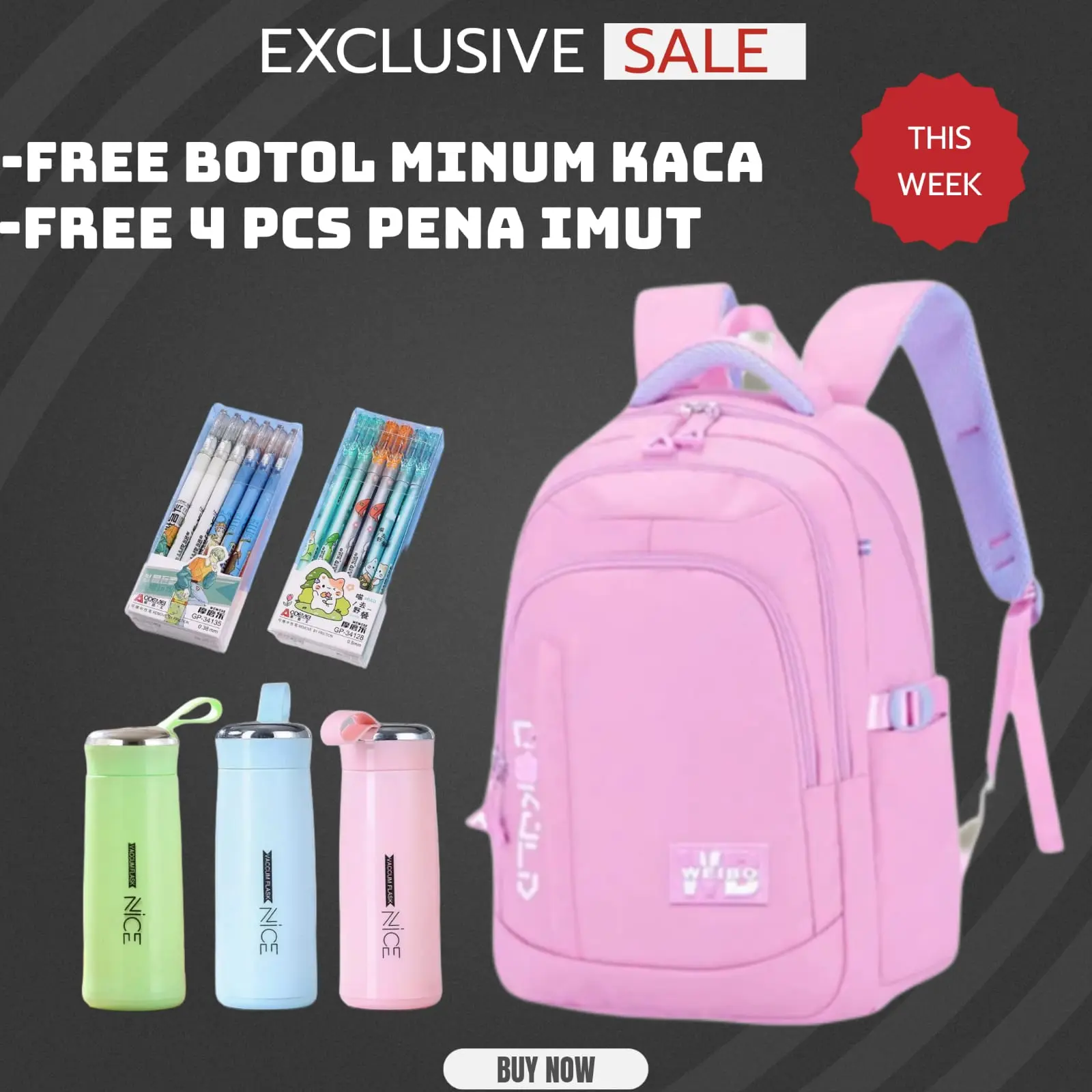 TERBARU!!!Tas Sekolah Anak SD SMP SMA Karakter Imut Weibo Korean Style Gratis Botol Minum Kaca